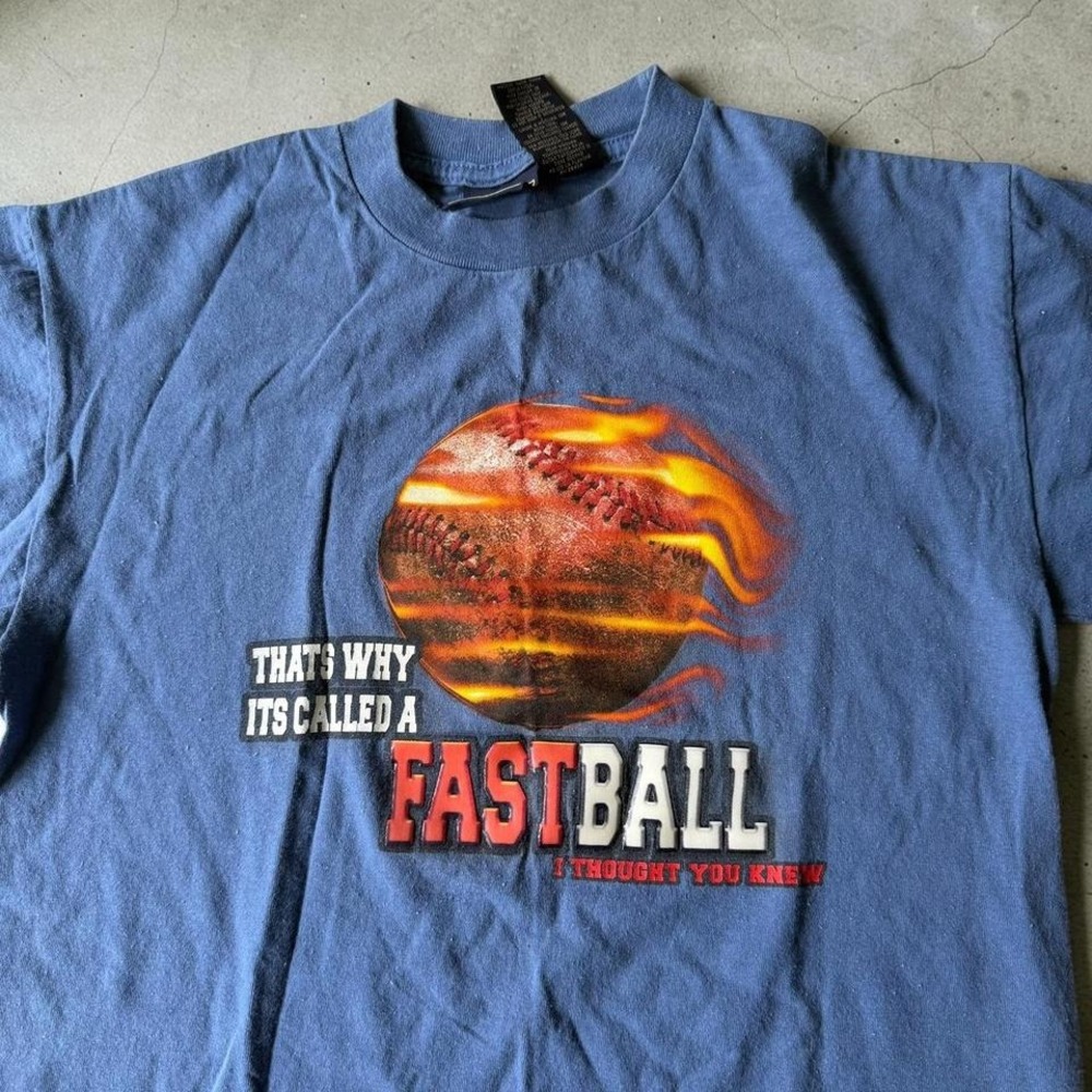 Route 66 Mens Blue Fastball Baseball Graphic T-Shirt Small Cotton Y2K